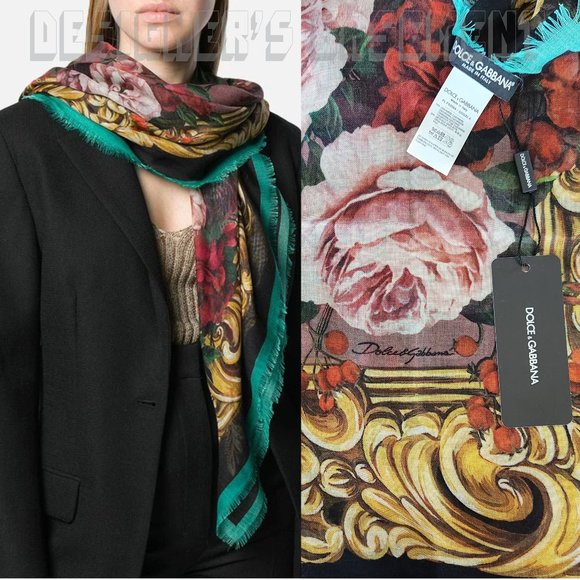 DOLCE & GABBANA cashmere & silk blend BAROQUE ROSES 54"x54" square fringed Shawl - Picture 1 of 5